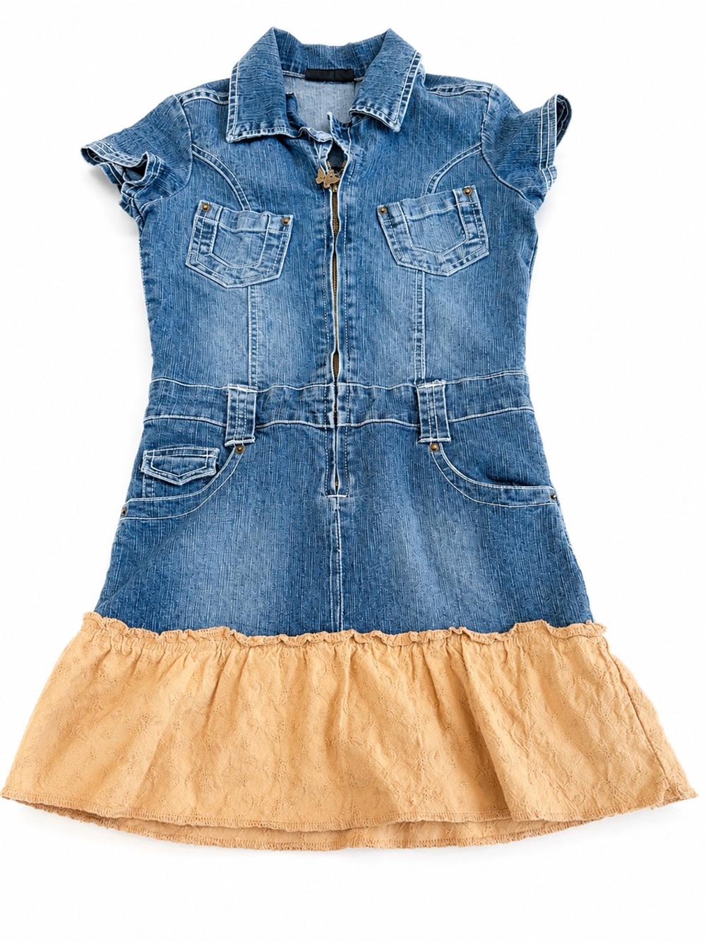 Babydoll Girls Denim & Lace Ruffle Dress Size 10/12 Y2K Western Boho Zip Front